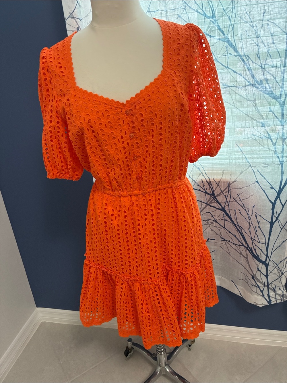 Boston Proper Bright Orange Eyelet Tiered Dress
